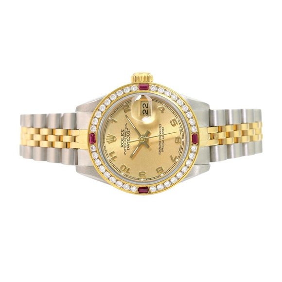 ROLEX DATEJUST CHAMPAGNE ARABIC DIAL DIAMOND-RUBY JUBILEE TWO-TONE WATCH 69173 - Picture 4 of 8